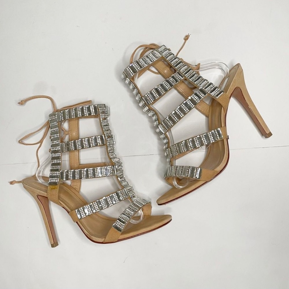 SCHUTZ Suede Paloma Wrap Heels, Color: Oyster, 40 EU/9 US Embellished St… - Picture 4 of 12